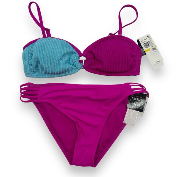 NEW Salt + Cove Macy's Bikini Size Medium Pink Blue Ribbed Colorblock Hipster - Picture 4 of 12